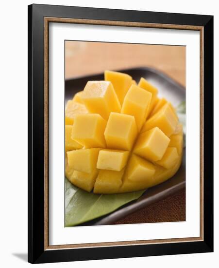 Diced Mango Still Attached to the Skin on Brown Plate-null-Framed Photographic Print