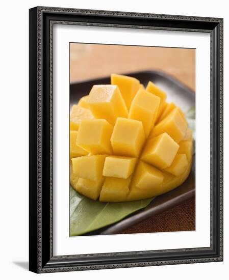 Diced Mango Still Attached to the Skin on Brown Plate-null-Framed Photographic Print