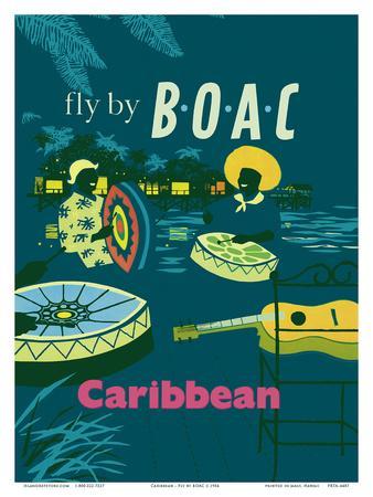 Vintage Travel Print Poster art Painting BOAC CARRIBEAN green