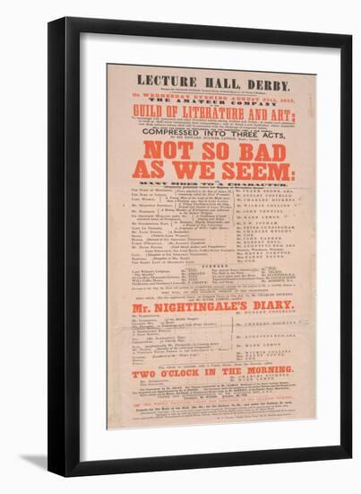 Dickens Playbill: 'Not So Bad as We Seem' at Lecture Hall, Derby, Programme for August 25, 1852-null-Framed Giclee Print