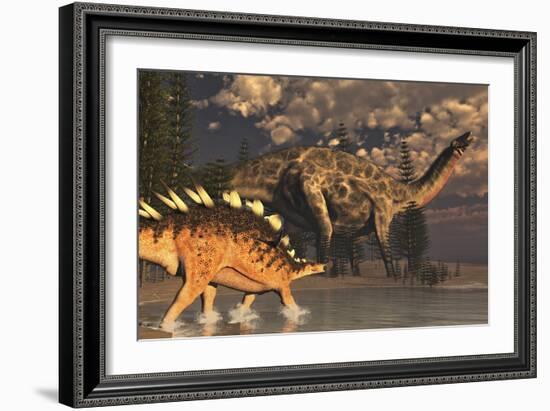 Dicraeosaurus and Kentrosaurus Dinosaur Walking Along the Shoreline-Stocktrek Images-Framed Art Print