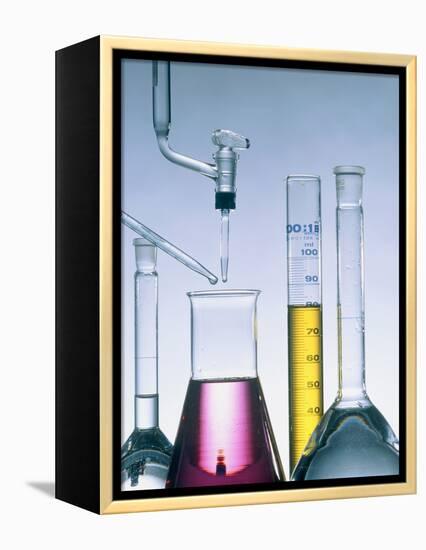 Different flasks with fluids-Paul Steeger-Framed Premier Image Canvas