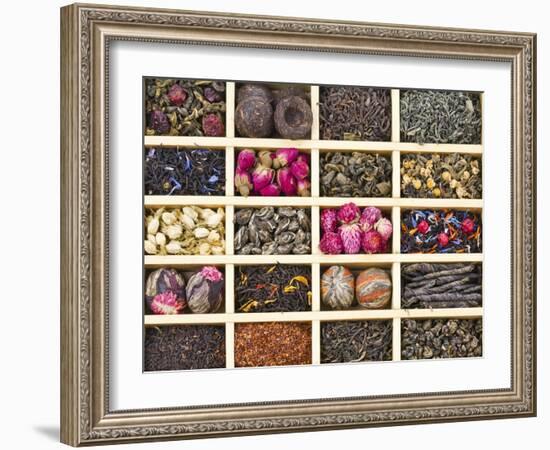 Different Tea Types : Green, Black, Floral , Herbal In A Box Background-Madlen-Framed Art Print
