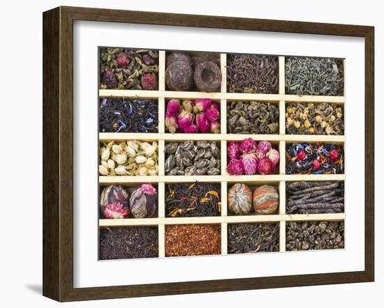 Different Tea Types : Green, Black, Floral , Herbal In A Box Background-Madlen-Framed Art Print