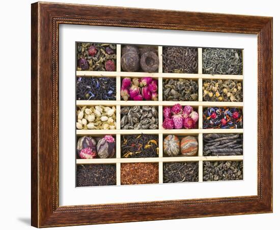 Different Tea Types : Green, Black, Floral , Herbal In A Box Background-Madlen-Framed Art Print