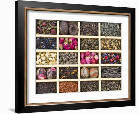 Different Tea Types : Green, Black, Floral , Herbal In A Box Background-Madlen-Framed Art Print