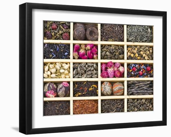 Different Tea Types : Green, Black, Floral , Herbal In A Box Background-Madlen-Framed Art Print