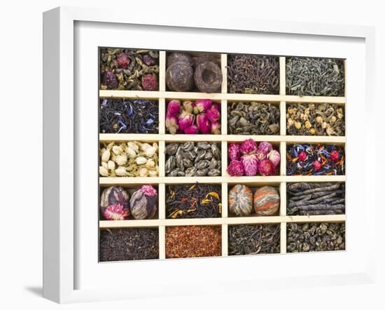Different Tea Types : Green, Black, Floral , Herbal In A Box Background-Madlen-Framed Art Print