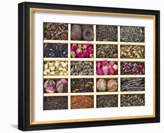 Different Tea Types : Green, Black, Floral , Herbal In A Box Background-Madlen-Framed Art Print