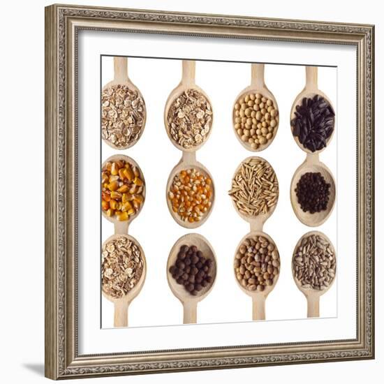 Different Type Of Seeds On Wooden Spoon-adamr-Framed Art Print