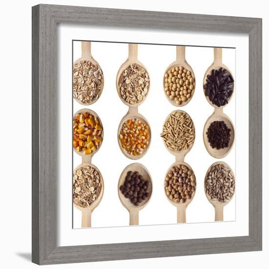 Different Type Of Seeds On Wooden Spoon-adamr-Framed Art Print