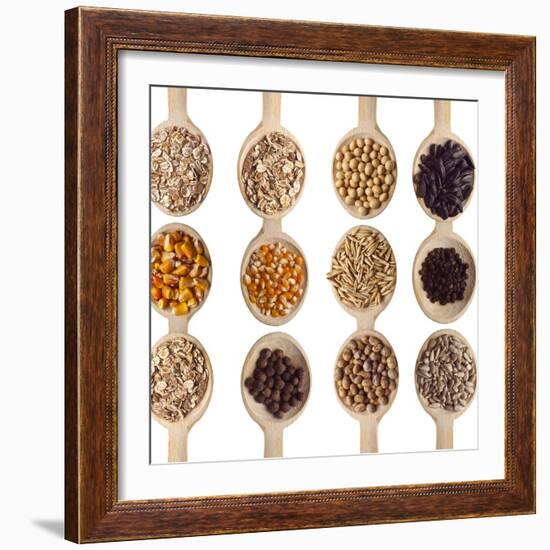 Different Type Of Seeds On Wooden Spoon-adamr-Framed Art Print