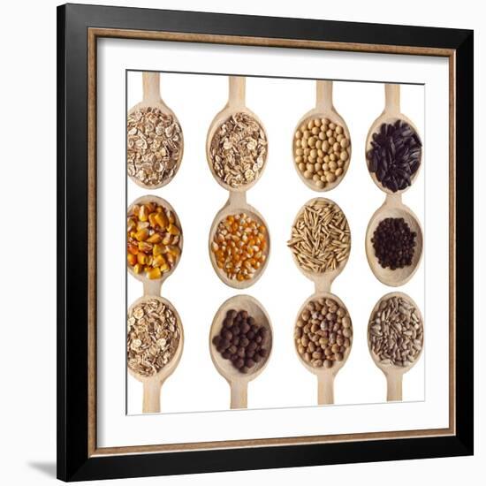 Different Type Of Seeds On Wooden Spoon-adamr-Framed Art Print