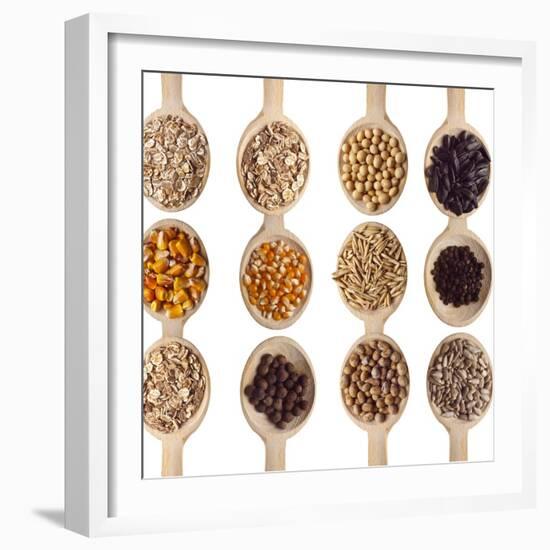 Different Type Of Seeds On Wooden Spoon-adamr-Framed Art Print