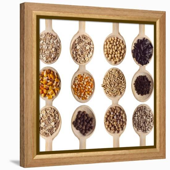 Different Type Of Seeds On Wooden Spoon-adamr-Framed Stretched Canvas