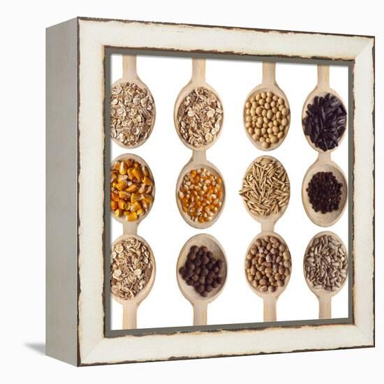 Different Type Of Seeds On Wooden Spoon-adamr-Framed Stretched Canvas
