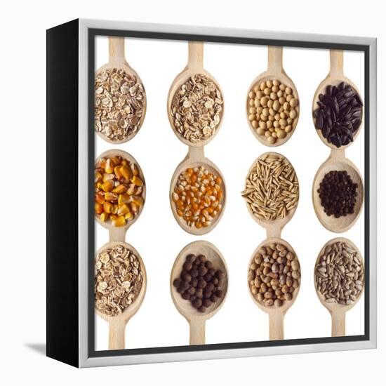 Different Type Of Seeds On Wooden Spoon-adamr-Framed Stretched Canvas