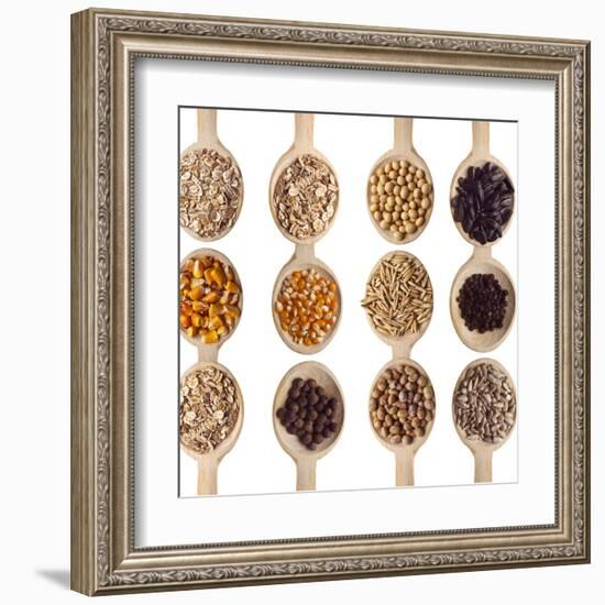 Different Type Of Seeds On Wooden Spoon-adamr-Framed Art Print