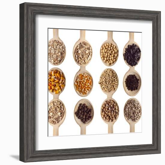 Different Type Of Seeds On Wooden Spoon-adamr-Framed Art Print