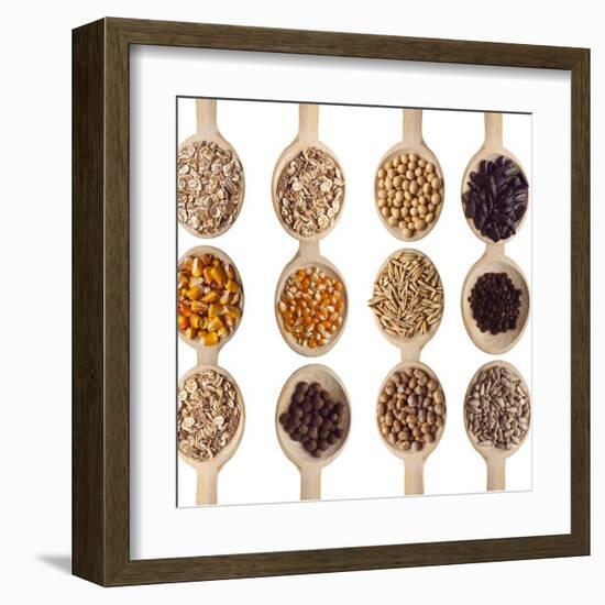 Different Type Of Seeds On Wooden Spoon-adamr-Framed Art Print