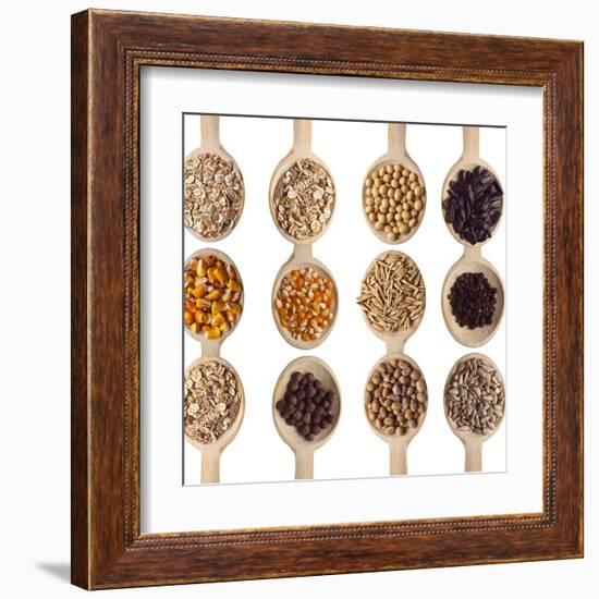 Different Type Of Seeds On Wooden Spoon-adamr-Framed Art Print