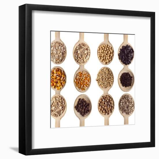 Different Type Of Seeds On Wooden Spoon-adamr-Framed Art Print