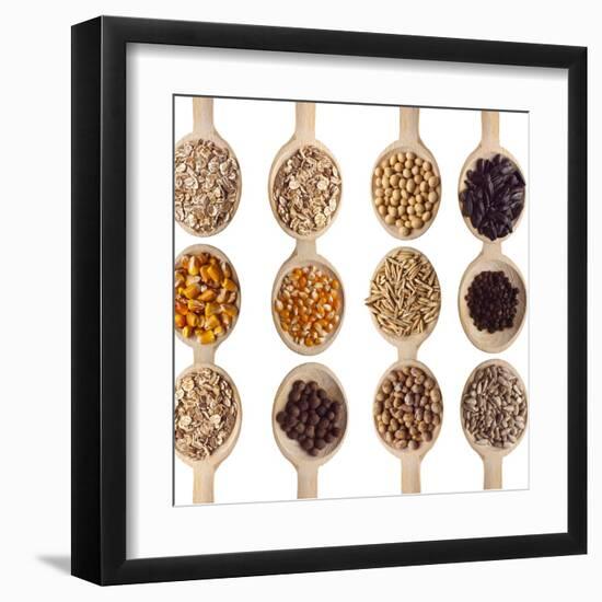 Different Type Of Seeds On Wooden Spoon-adamr-Framed Art Print