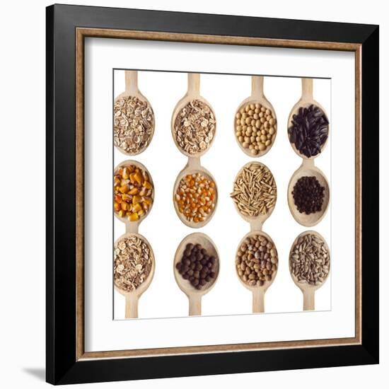 Different Type Of Seeds On Wooden Spoon-adamr-Framed Art Print