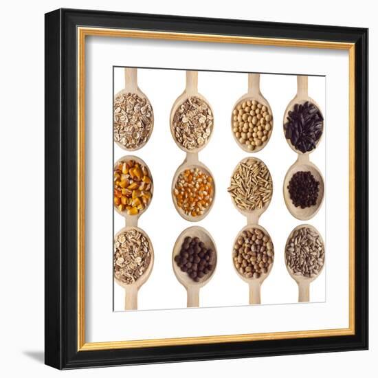 Different Type Of Seeds On Wooden Spoon-adamr-Framed Art Print