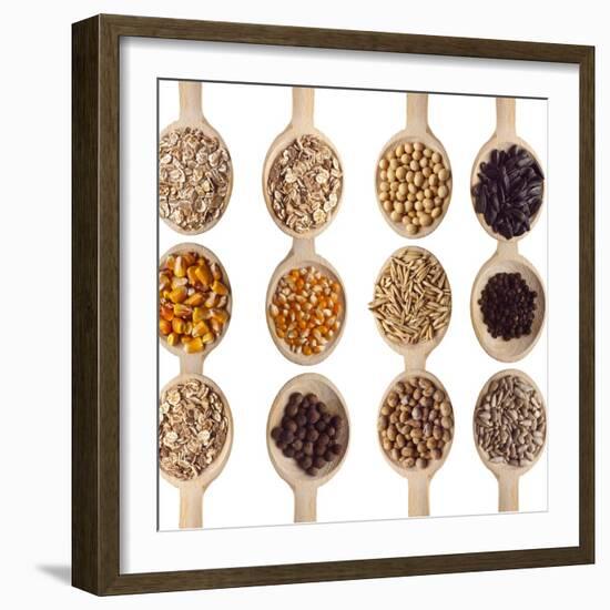 Different Type Of Seeds On Wooden Spoon-adamr-Framed Premium Giclee Print