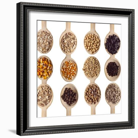 Different Type Of Seeds On Wooden Spoon-adamr-Framed Premium Giclee Print