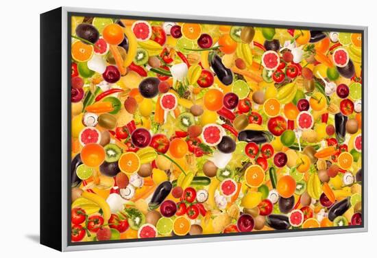 Different Types Of Fruit And Vegetables As Background, Colorful-pasiphae-Framed Stretched Canvas