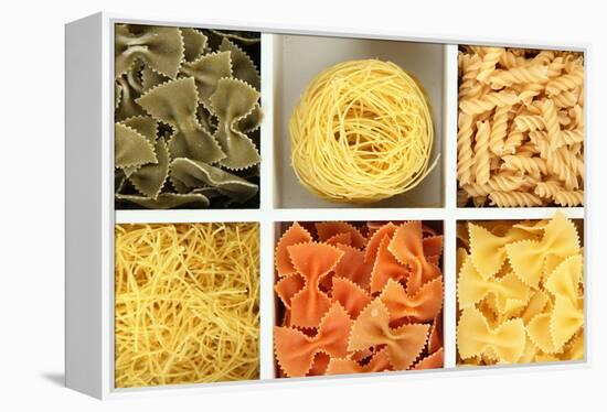 Different Types Of Pasta In White Wooden Box Sections Close-Up-Yastremska-Framed Stretched Canvas