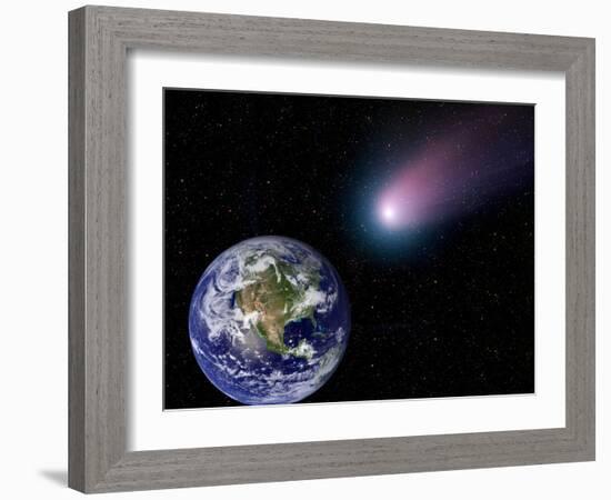 Digital Composite of a Comet Heading Towards Earth-Stocktrek Images-Framed Photographic Print