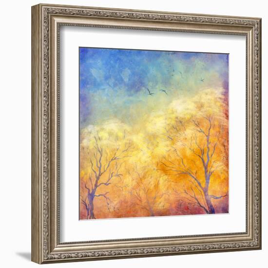 Digital Oil Painting Autumn Trees, Flying Birds-kostins-Framed Art Print