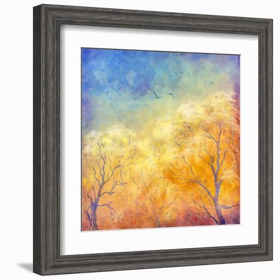 Digital Oil Painting Autumn Trees, Flying Birds-kostins-Framed Art Print