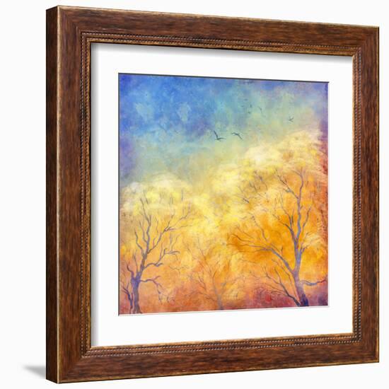 Digital Oil Painting Autumn Trees, Flying Birds-kostins-Framed Art Print