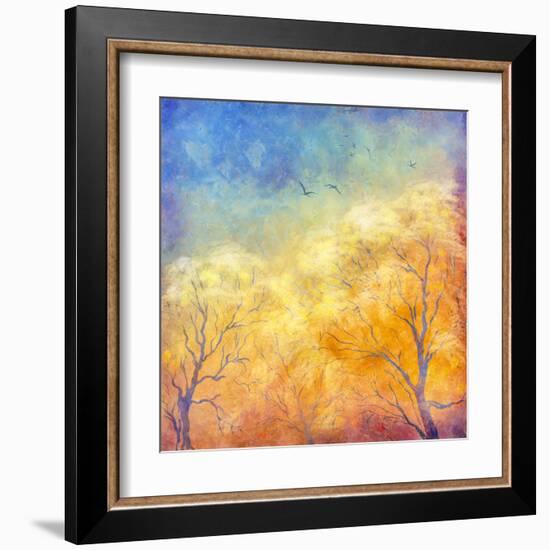 Digital Oil Painting Autumn Trees, Flying Birds-kostins-Framed Art Print