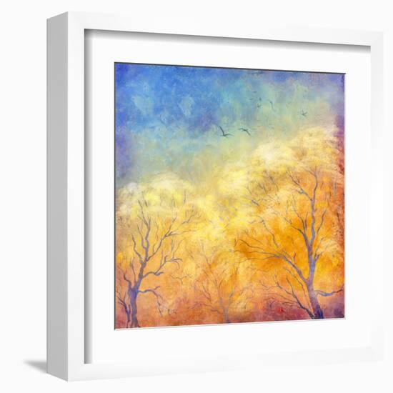 Digital Oil Painting Autumn Trees, Flying Birds-kostins-Framed Art Print