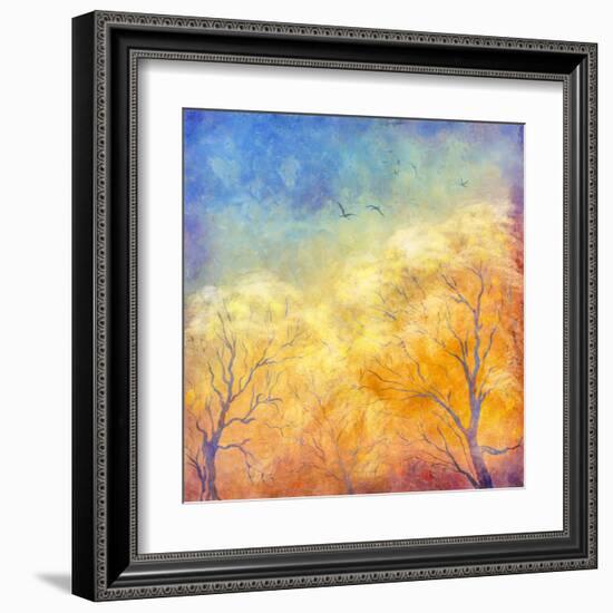 Digital Oil Painting Autumn Trees, Flying Birds-kostins-Framed Art Print