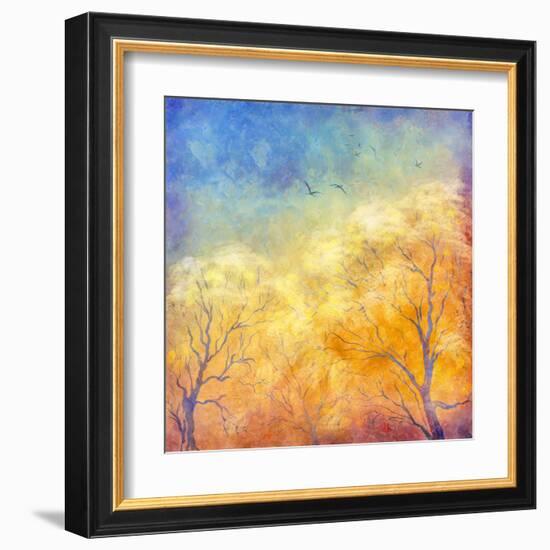 Digital Oil Painting Autumn Trees, Flying Birds-kostins-Framed Art Print