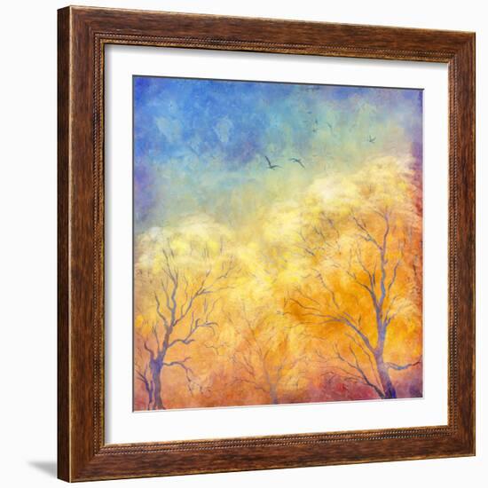 Digital Oil Painting Autumn Trees, Flying Birds-kostins-Framed Art Print