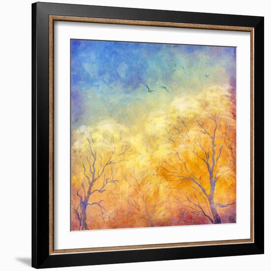 Digital Oil Painting Autumn Trees, Flying Birds-kostins-Framed Art Print