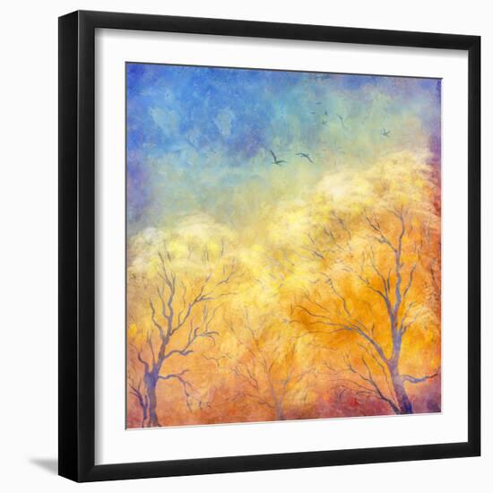 Digital Oil Painting Autumn Trees, Flying Birds-kostins-Framed Art Print