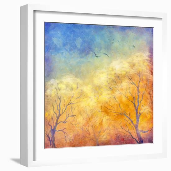 Digital Oil Painting Autumn Trees, Flying Birds-kostins-Framed Art Print