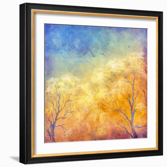 Digital Oil Painting Autumn Trees, Flying Birds-kostins-Framed Art Print