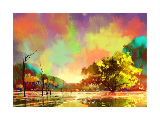 Digital Painting Of A Beautiful Lake Colorful Sky Landscape Digital Painting Of A Beautiful Lake Colorful Sky Landscape Ilration Art Print By Tithi Luad Com