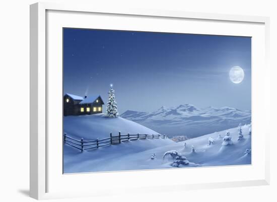 Digital Painting of a Silent Christmas Night in the Snow Covered Mountains.-Inga Nielsen-Framed Photographic Print