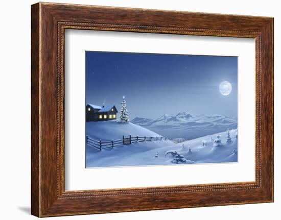 Digital Painting of a Silent Christmas Night in the Snow Covered Mountains.-Inga Nielsen-Framed Photographic Print