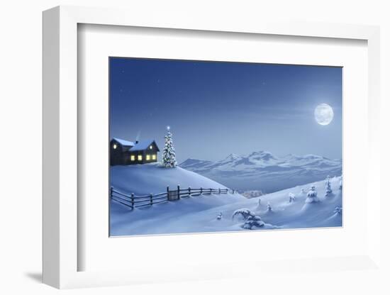 Digital Painting of a Silent Christmas Night in the Snow Covered Mountains.-Inga Nielsen-Framed Photographic Print